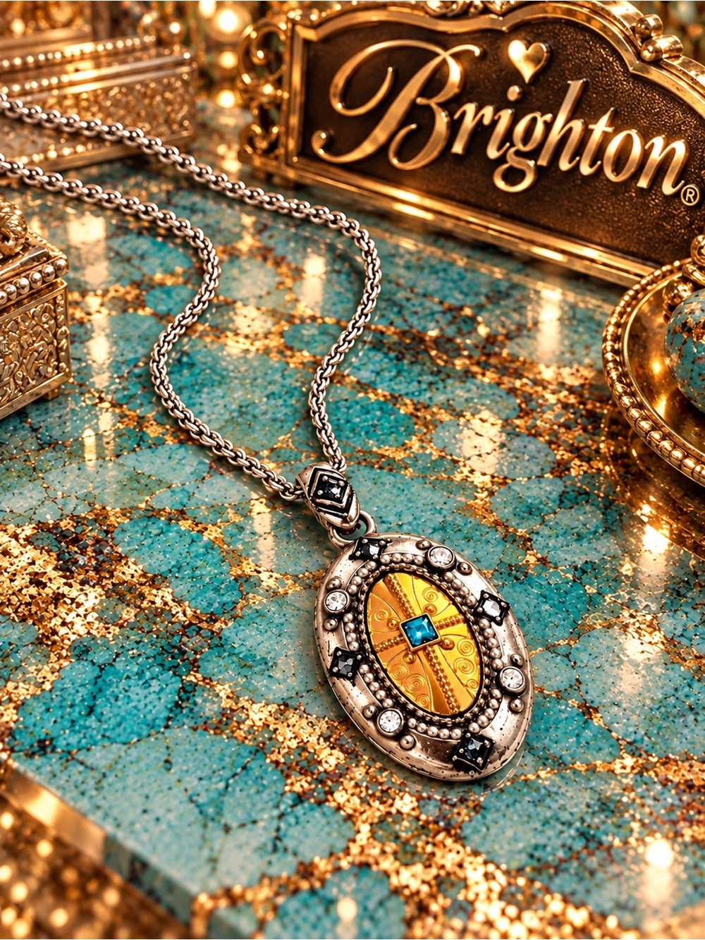 Brighton Gold & Silver Oval Pendant Necklace with Turquoise Accent Crystal